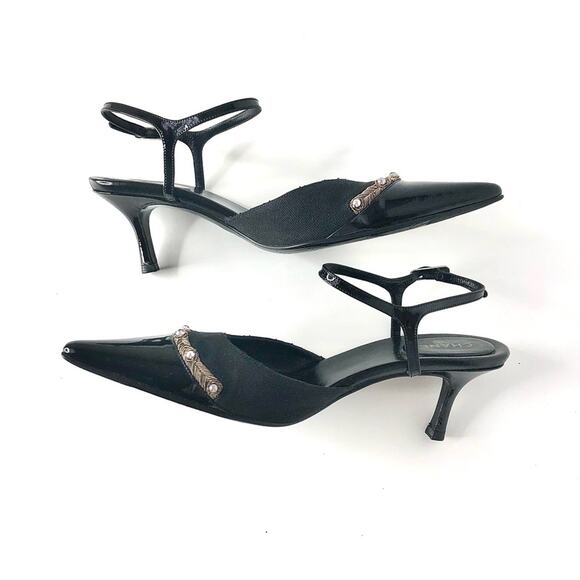 Vintage Chanel CC Logo Patent Cap Toe Pointed Toe Black Pumps 37 - Picture 6 of 9